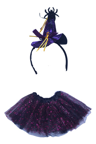 Set Infantil Bruja Disfraz Nena Sombrero Pollera Halloween 