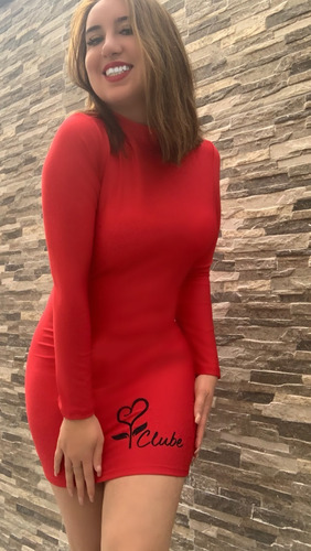 Vestido Vermelho Tubinho Colado Manga Longa Balada Gola Alta