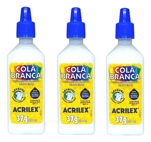 Kit Cola Branca Liquida Acrilex 37g Escolar Slime C/3