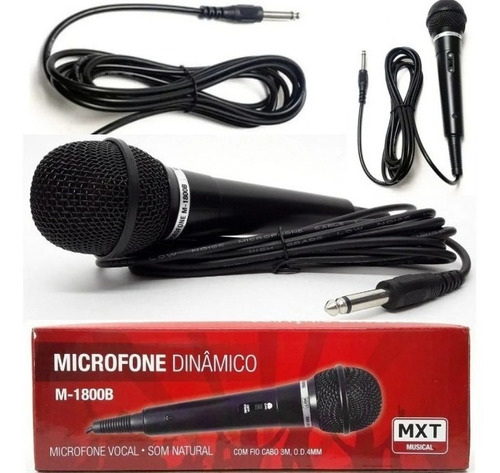 Microfone Dinâmico Vocal Fio 3m Plástico Preto Mxt M- 1800b