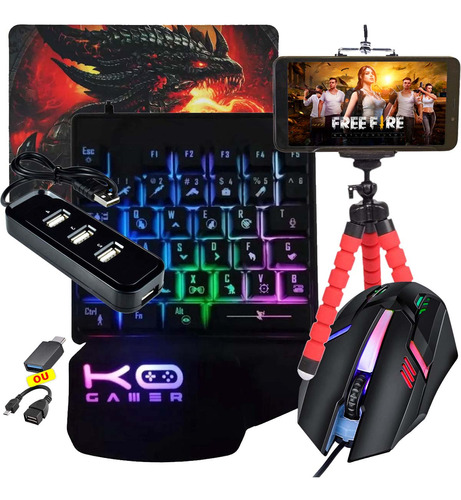 Kit Mobilador Celular Teclado Gamer Uma Mão + Mouse Gamer