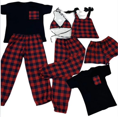 Super Kit Duo Pijama Parejas Franela De Cuadros Rojo -7 Pz | Envío gratis