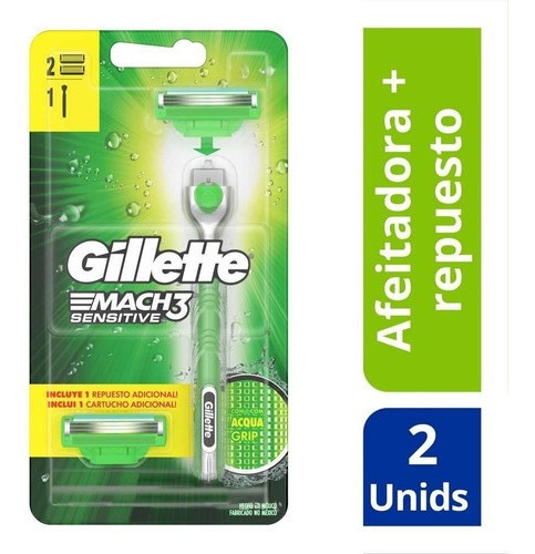 Maquina De Afeitar Gillette Mach3 Sensitive Aqua +2cartuchos