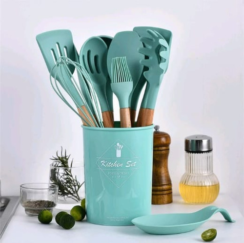 Jogo De Cozinha Kit Com 12 Peças Madeira Silicone Resistente