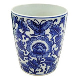 Vaso Azul E Branco 15x12cm Flores E Borboletas Porcelana
