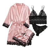 Conjunto De Pijama Satin Sexy Encaje Para Mujer 4pcs