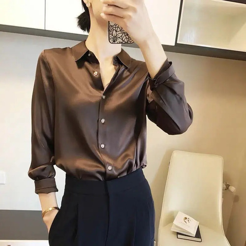 Blusa Satinada Lujo Manga Larga Cuello Camisa Mujer