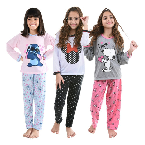 Kit 3 Pijama Infantil Inverno Menina Personagem Manga Longa