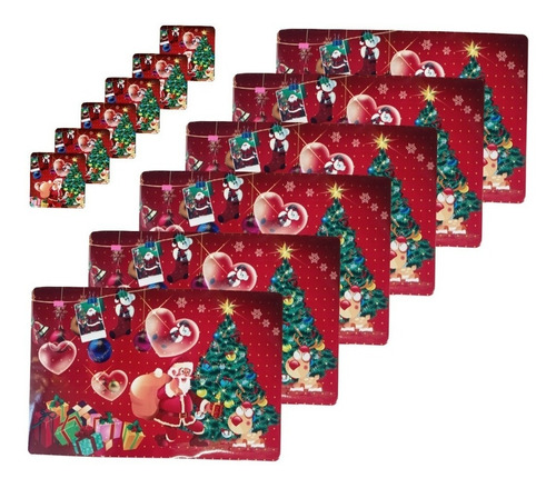 Set 12 Piezas Individuales Mesa Navideños 6 Platos Y 6 Vasos