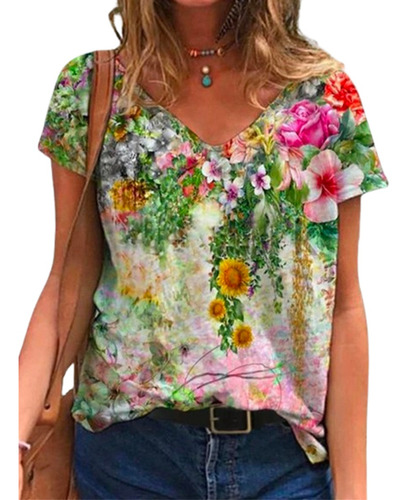 Camiseta Con Cuello En V Y Estampado Floral