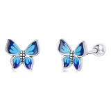 Aretes Broquel Mariposa Azul Plata Ley 925 Mujer Niña