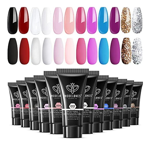 Modelones 12 Colores Poly Nail Extension Gel Kit Rosa Negro 
