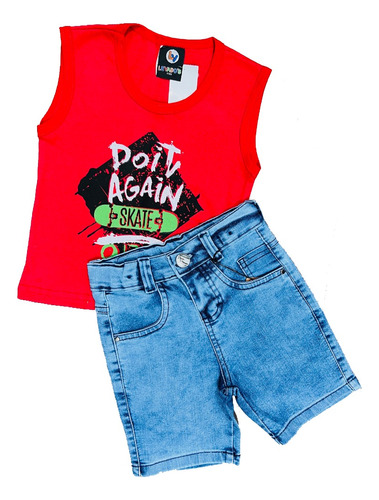 Kit Bermuda Jeans + Camiseta Regata 1 Ao 8 Infantil Menino