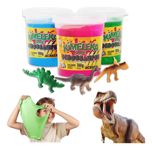 Kit 3 Slime Cores E Dinossauros Diversos 180g Kimeleka