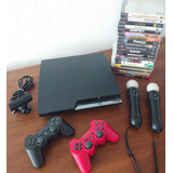 Sony Playstation 3 Slim Ps3 Slim + 2 Controles + Kit Move + 19 Jogos Originais