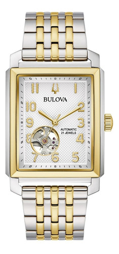 Reloj Bulova Colección Clásicos Sutton 98a308 Para Caballero Color De La Correa Plateado/dorado Color Del Bisel Dorado Color Del Fondo Blanco