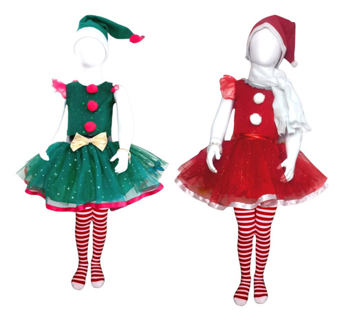 Disfraz Duende Tutu Medias Ralladas Muñeco Nieve Niña Elfo Santa Navidad Rojo Verde Con Luz Led 