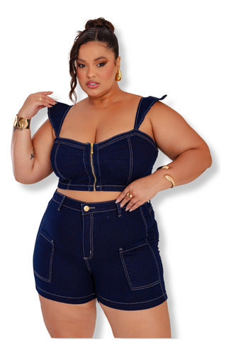 Conjunto Jeans Plus Size Short E Cropped Com Lycra Premium