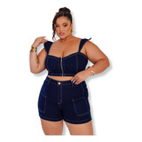 Conjunto Jeans Plus Size Short E Cropped Com Lycra Premium