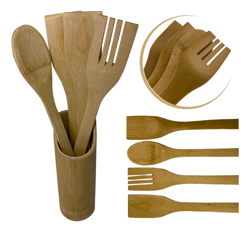 Kit Porta Utensílios De Cozinha Bambu Colher De Pau Espatula