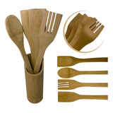 Kit Porta Utensílios De Cozinha Bambu Colher De Pau Espatula