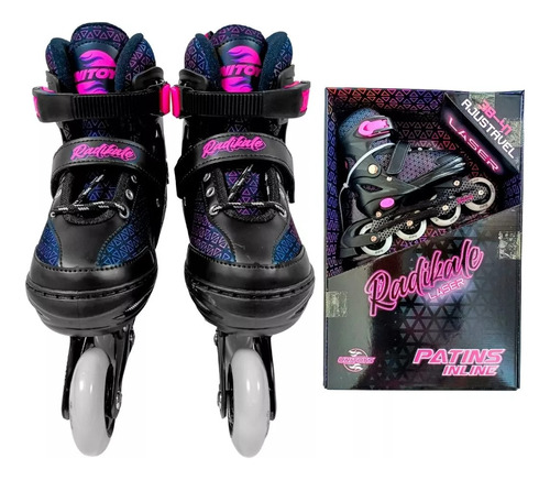 Patins Roller Inline Infantil Com Luzes Led Preto/rosa 34-37