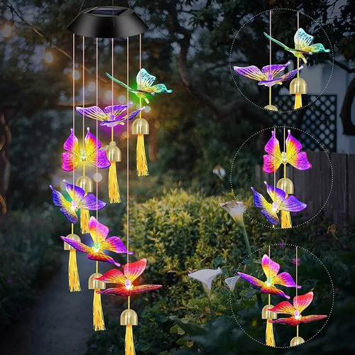 Lampara Colgante Led Mariposas Con Campanas Solar Multicolo