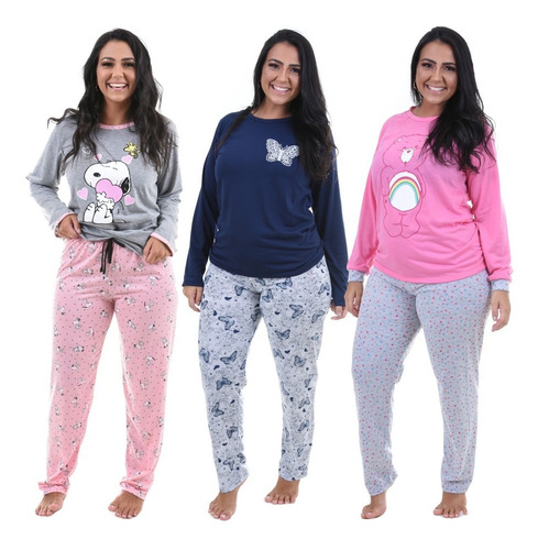 Kit 3 Pijamas Longos De Frio Adulto Feminino Personagem 