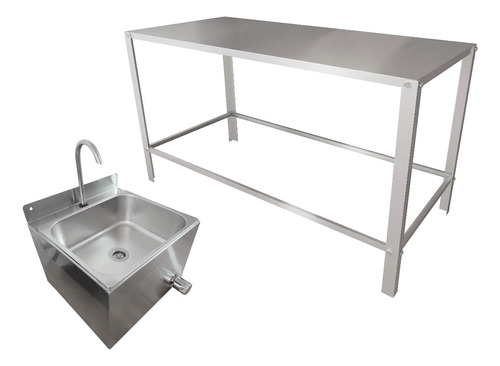 Kit Mesa Inox Industrial 120x53 S/ Rodas + Cuba Cozinha 