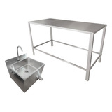 Kit Mesa Inox Industrial 120x53 S/ Rodas + Cuba Cozinha 