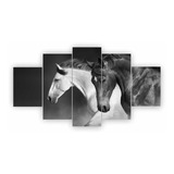 Quadro Decorativo Mosaico Cavalo Branco Preto 5 Peças