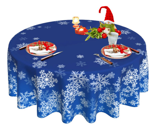 Mantel Navideño Redondo De Poliéster Azul 150 Cm Fiestas