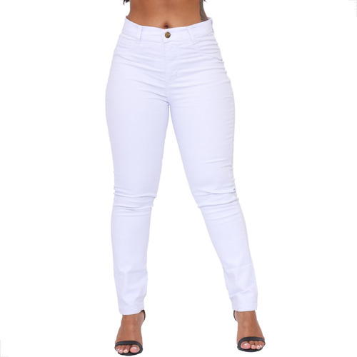 Calça Branca Jeans Feminina Skinny Lisa Lycra Cintura Alta