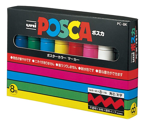 Set 8 Marcadores Uni Posca Cincel Punta Ancha Pc 8k