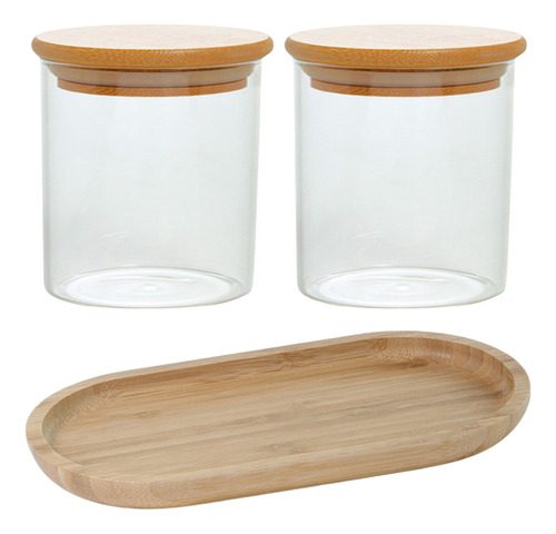 Kit Potes Para Mantimento De Vidro Com Bandeja Oval De Bambu Cor Marrom