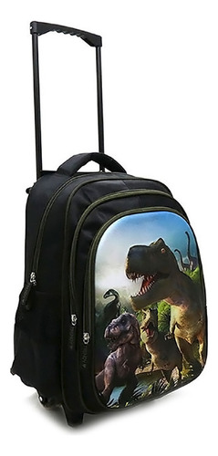 Mochila Escolar Infantil Carro Ruedas Reforzadas Diseños 3d T-rex Negro Y Verde