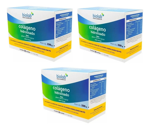 Kit 3 Caixas Colágeno Hidrolisado Biolab 30 Saches