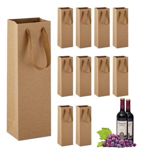 10 Bolsas De Regalo Carton Papel Kraft Para Botellas De Vino