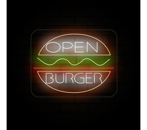 Letrero Led Neon Open Abierto Hamburguesa Ancho75cm Luminoso