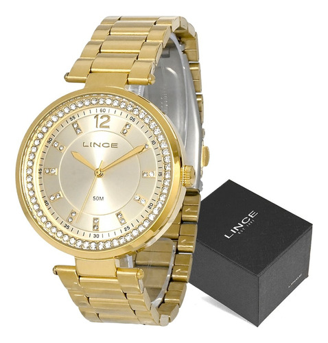 Relogio Dourado Pulso Feminino Lince  Com Pedras + Brinco