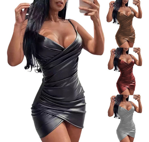 Sexy Vestido Hipster Dama Corto Liso De Cuero Con Tirantes