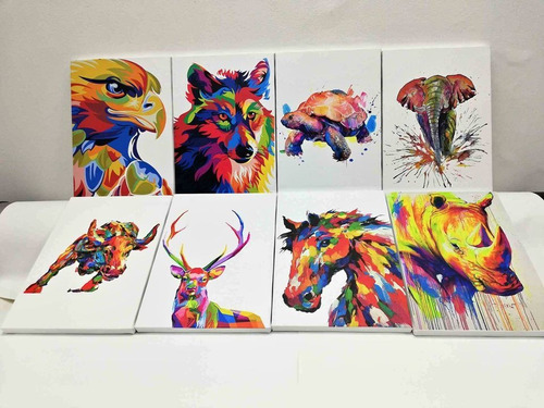 Set 8 Cuadros Lienzo Animales Salvajes Pop Art Fondo Blanco