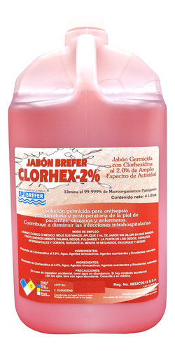 Jabón Gluconato Clorhexidina 2% 4 L Mata 99.9999% Bacterias