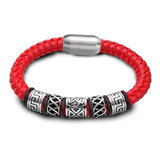 Pulsera Roja Trenzada Con Grabados En Acero.