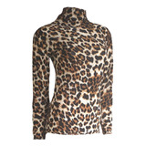 Blusa Top Estampado Leopardo Cuello Alto Manga Larga Moda