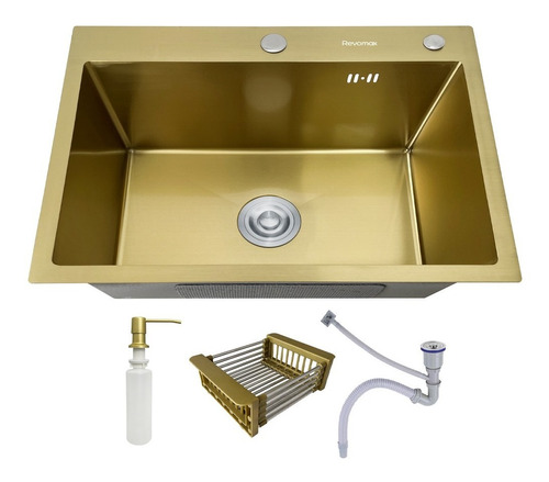 Cuba Pia Inox Dourada Quadrada Cozinha Gourmet 60cm + Kit