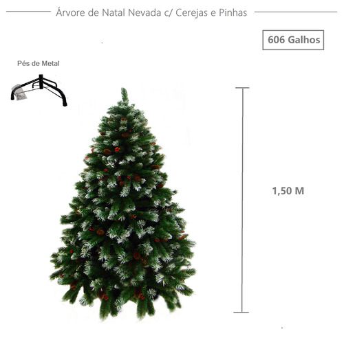 Árvore De Natal Nevada C/ Cerejas E Pinhas 1,50m 606 Galhos Cor Verde Nevada Branco