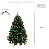 Árvore De Natal Nevada C/ Cerejas E Pinhas 1,50m 606 Galhos Cor Verde Nevada Branco