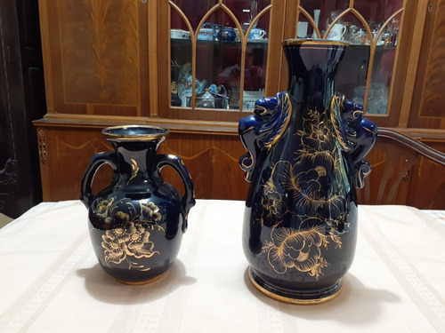 Florero Antiguo En Porcelana Azul Cobalto 2 Unidades 