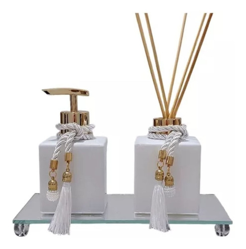 Kit Lavabo C/ Bandeja Saboneteira E Difusor Luxo Branco